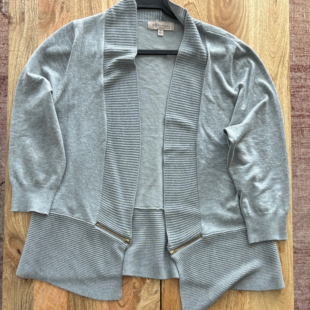 Philosophy Gray Cardigan with Gold Zipper Detail, Size XL